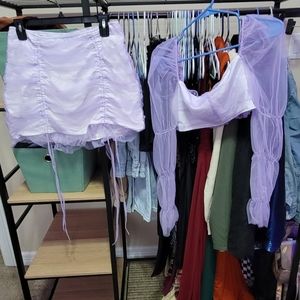 SHEIN SXY Shirred Back Ruched Mesh Top & Drawstring Skirt Set